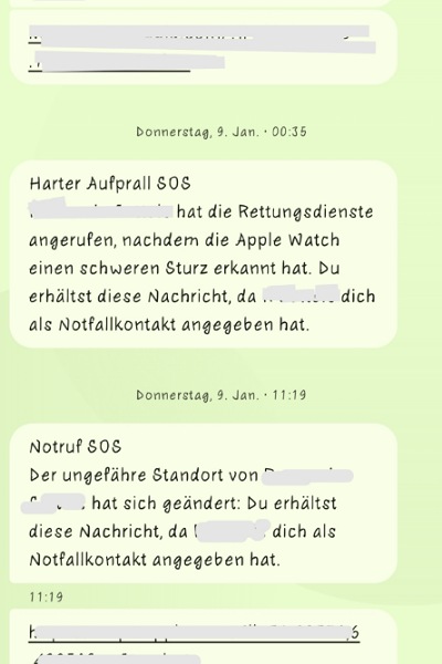 Screenshot einer Textnachricht mit dem Wortlaut: Harter Aufprall SOS. X hat die Rettungsdienste angerufen, nachdem die Apple Watch einen schweren Sturz erkannt hat. Du erhältst diese NAchricht, da X dich als Notfallkontakt angegeben hat.