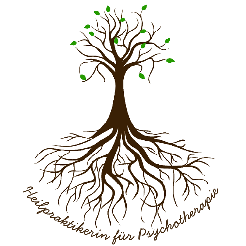 Praxis-Logo von Alexandra Winkens: Ein dunkelbrauner gemalter Baum mit vielen, verzweigten Wurzeln. An den fast kahlen Ästen hängen ein paar vereinzelte, frische, grüne Blätter. Unter dem Logo steht in einem Rundbogen, der sich nach oben hin öffnet, in dunkelbrauner Schreibschrift "Heilpraktikerin für Psychotherapie"