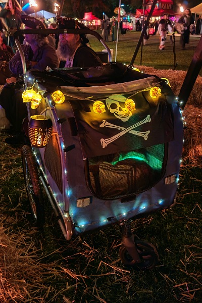 Ein Hunde-Fahrradanhänger bei Nacht, gestylt mit einem, an den Kanten entlang laufendem, Lichterdraht, einer Piratenflagge und einer Lichterkette mit beleuchteten Totenköpfen.