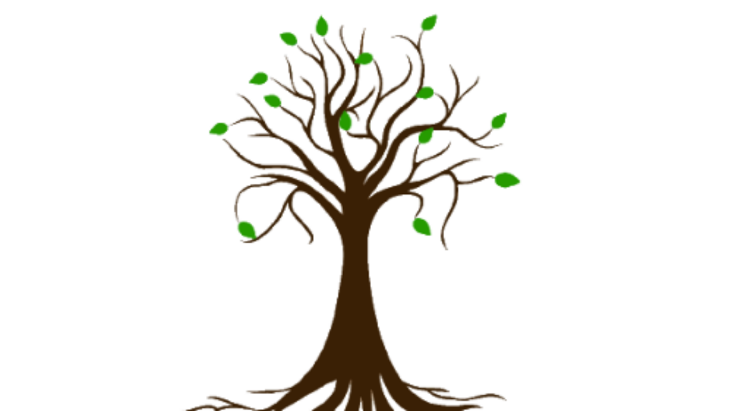 Praxis-Logo von Alexandra Winkens: Ein dunkelbrauner gemalter Baum mit wenigen Wurzeln. An den fast kahlen Ästen hängen ein paar vereinzelte, frische, grüne Blätter.