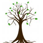 Praxis-Logo von Alexandra Winkens: Ein dunkelbrauner gemalter Baum mit wenigen Wurzeln. An den fast kahlen Ästen hängen ein paar vereinzelte, frische, grüne Blätter.