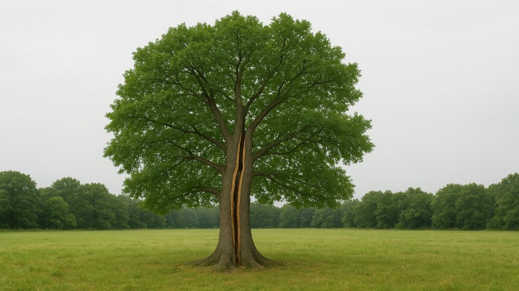 Mitten auf einer grünen Wiese steht ein großer Baum. Sein riesiger Stamm ist vollständig, von oben bis unten, gespalten. Dennoch wachsen alle Äste gesund und kräftig weiter und sind voller grüner Blätter. Im Hintergrund sieht man, dass die Wiese komplett von einer grün belaubten Baumreihe umgeben ist.