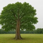 Mitten auf einer grünen Wiese steht ein großer Baum. Sein riesiger Stamm ist vollständig, von oben bis unten, gespalten. Dennoch wachsen alle Äste gesund und kräftig weiter und sind voller grüner Blätter. Im Hintergrund sieht man, dass die Wiese komplett von einer grün belaubten Baumreihe umgeben ist.
