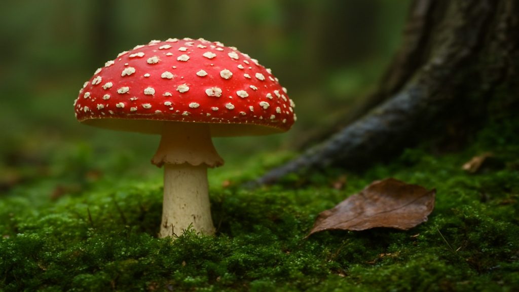Ein Fliegenpilz, mit leicht cremefarbenen Fuß, einem roten Schirm mit vielen verschieden großen cremeweißen, teils zerfransten, Punkten, steht auf frischem dunkel- und hellgrünem Moos. Rechts neben dem Fuß liegt ein braunen, leicht eingerolltes, feuchtes Blatt. Hinter dem Blatt erkennt man die dunkle Wurzel und den Stammansatz eines Baumes.
