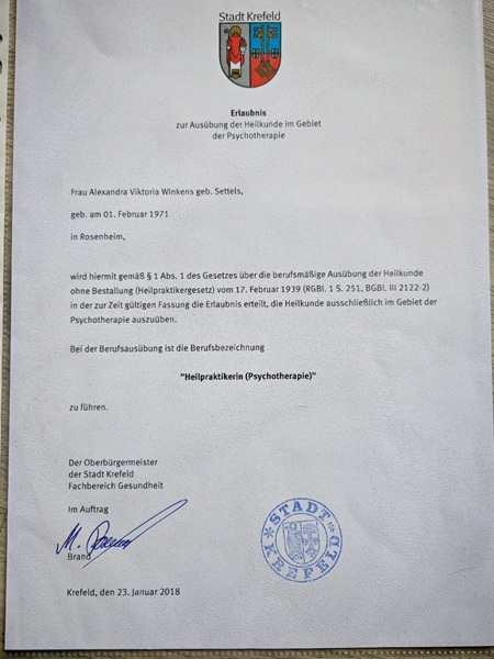 Urkunde der Stadt Krefeld über bestandene Prüfung als Heilpraktikerin für Psychotherapie